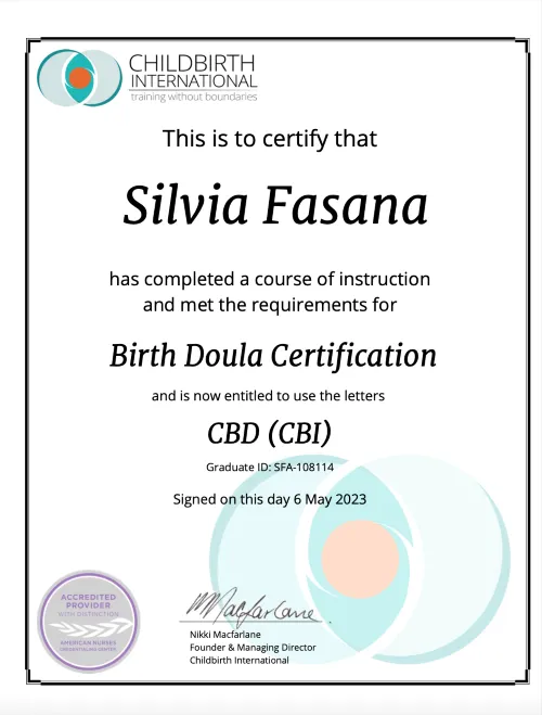 Silvia's Birth Doula certification from ChildBirth International.