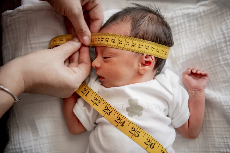Silvia measuring the size of a little baby's head with a tape.