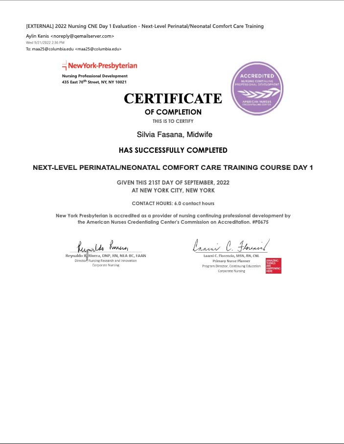 Silvia's certification on Prenatal/Neonatal comfort care.
