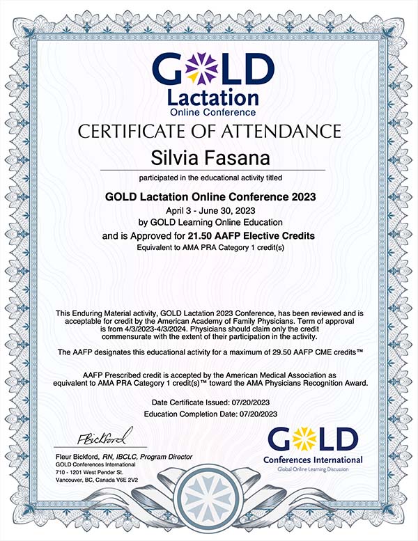 Silvia's certification from Gold Lactation Conference.