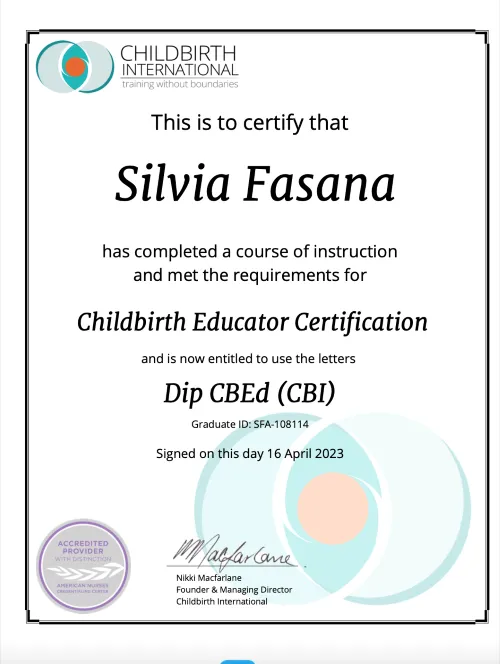 Silvia's certification from ChildBirth International.