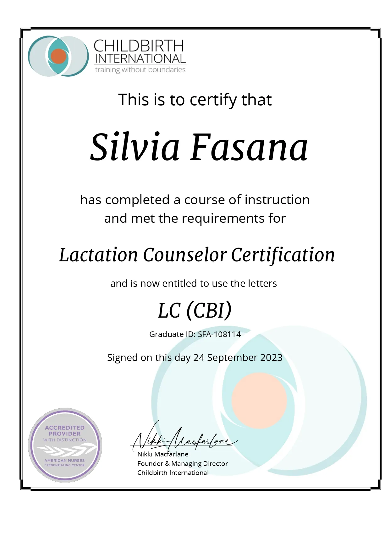 Silvia's certification on lactation counsellor services.