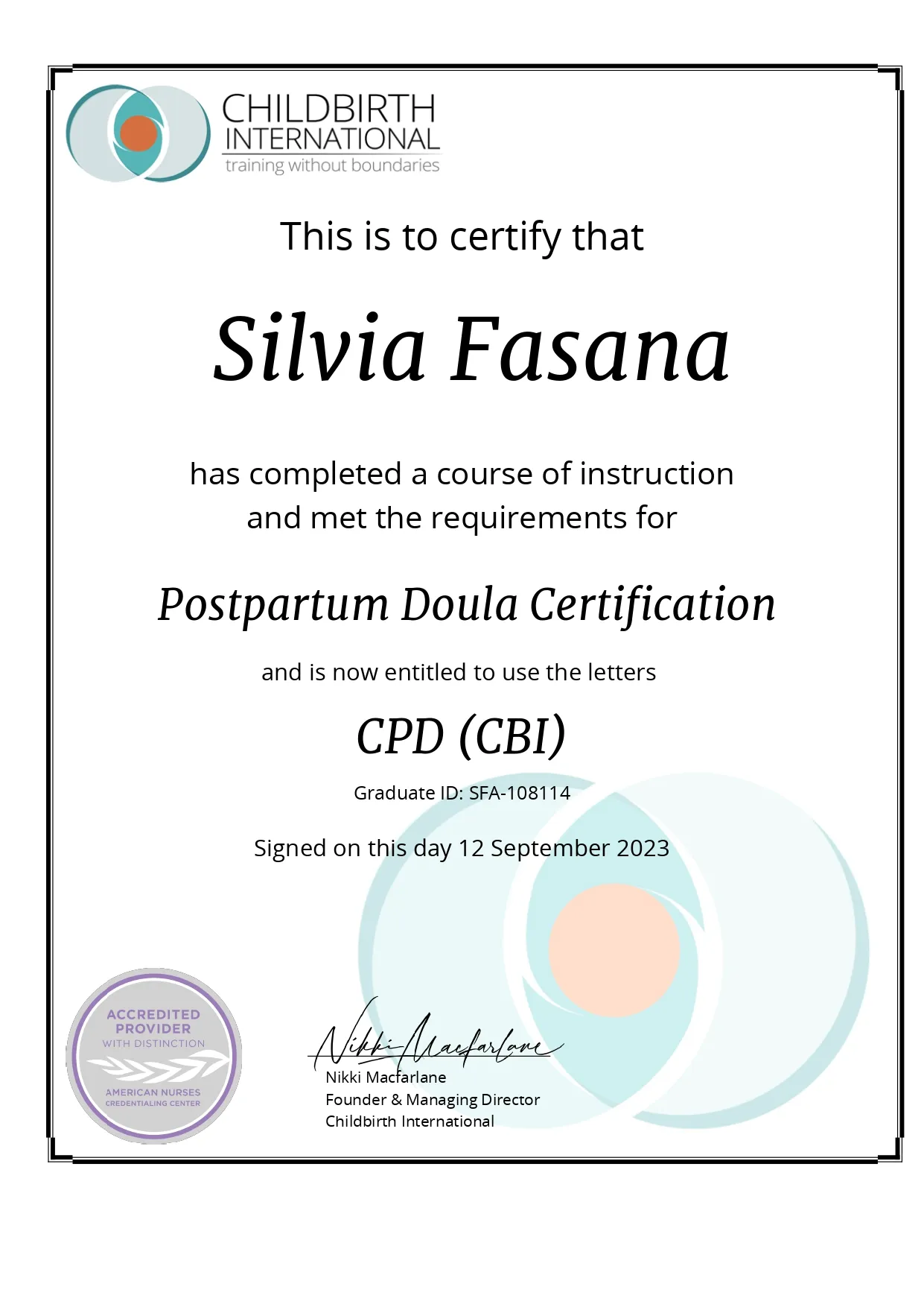 Silvia's certification on post partum doula services.